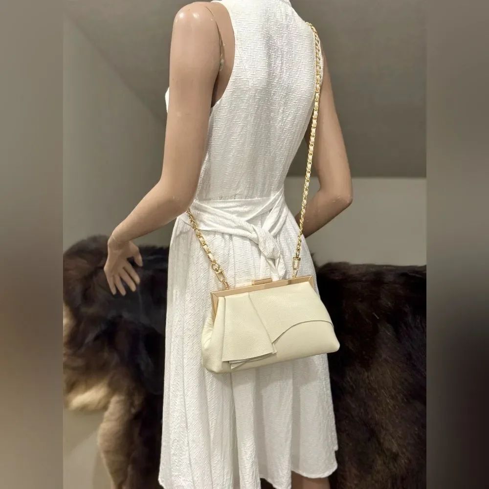 Ivory Pebble Leather Handmade Asymmetrical Ruffles Metal Frame Clutch/Crossbaody - Picture 7 of 16